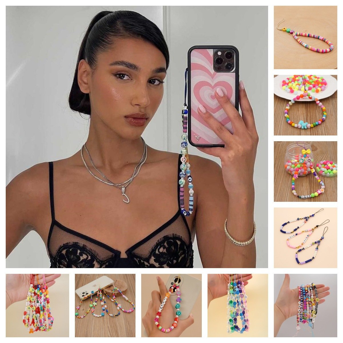 Bohemian pearl bracelet colorful personality soft clay smiley face mobile phone chain anti-lost mobile phone lanyard