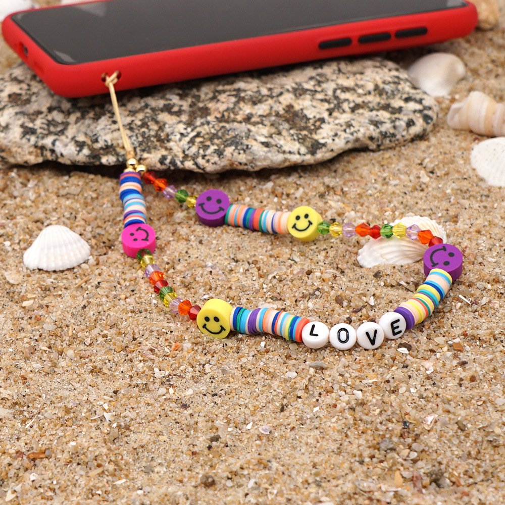 Bohemian pearl bracelet colorful personality soft clay smiley face mobile phone chain anti-lost mobile phone lanyard