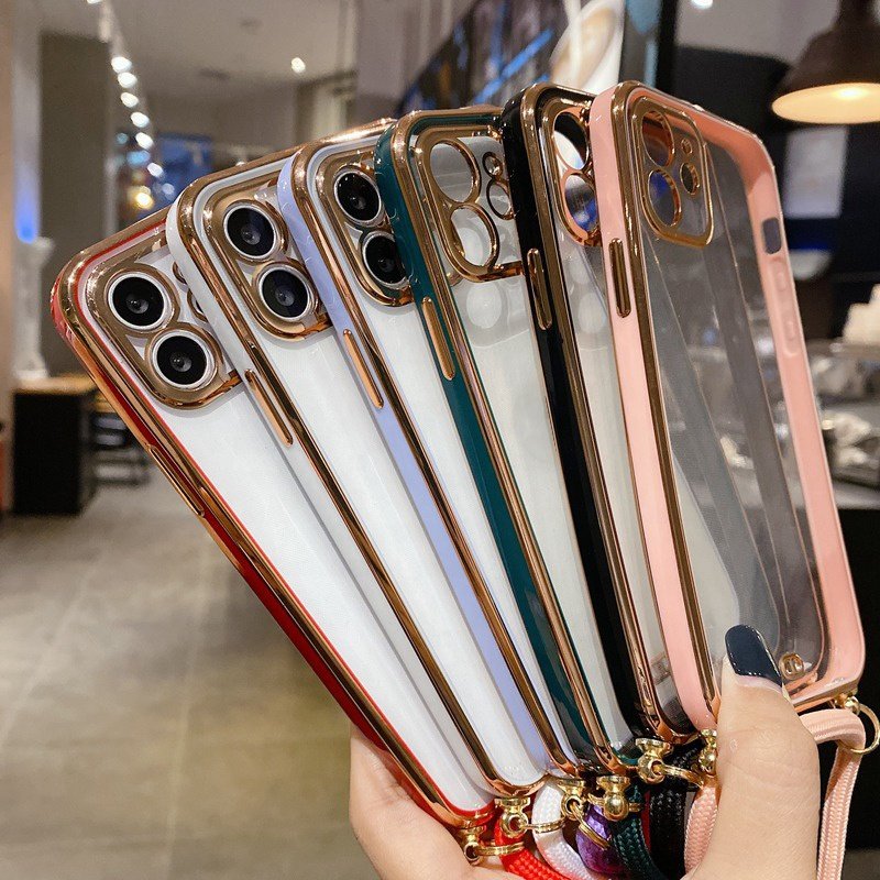 Fashion Electroplated Lanyard Strap Cord Chain Clear Soft TPU Phone Case For iPhone 15 14 13 12 11 Pro Max XS XR 8 7 Plus