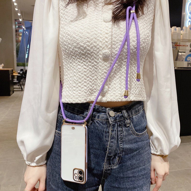 Fashion Electroplated Lanyard Strap Cord Chain Clear Soft TPU Phone Case For iPhone 15 14 13 12 11 Pro Max XS XR 8 7 Plus