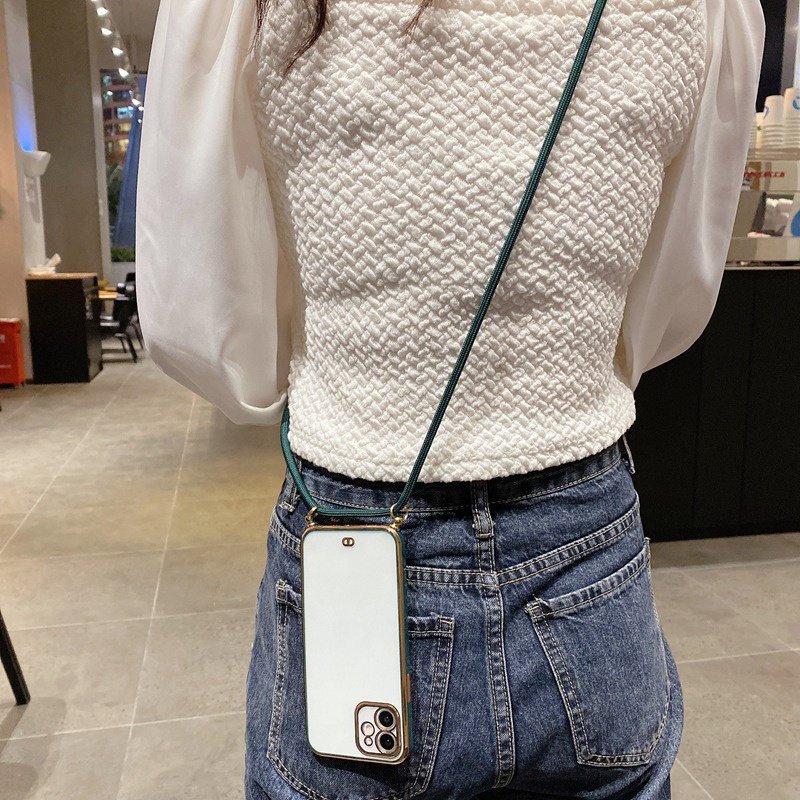 Fashion Electroplated Lanyard Strap Cord Chain Clear Soft TPU Phone Case For iPhone 15 14 13 12 11 Pro Max XS XR 8 7 Plus