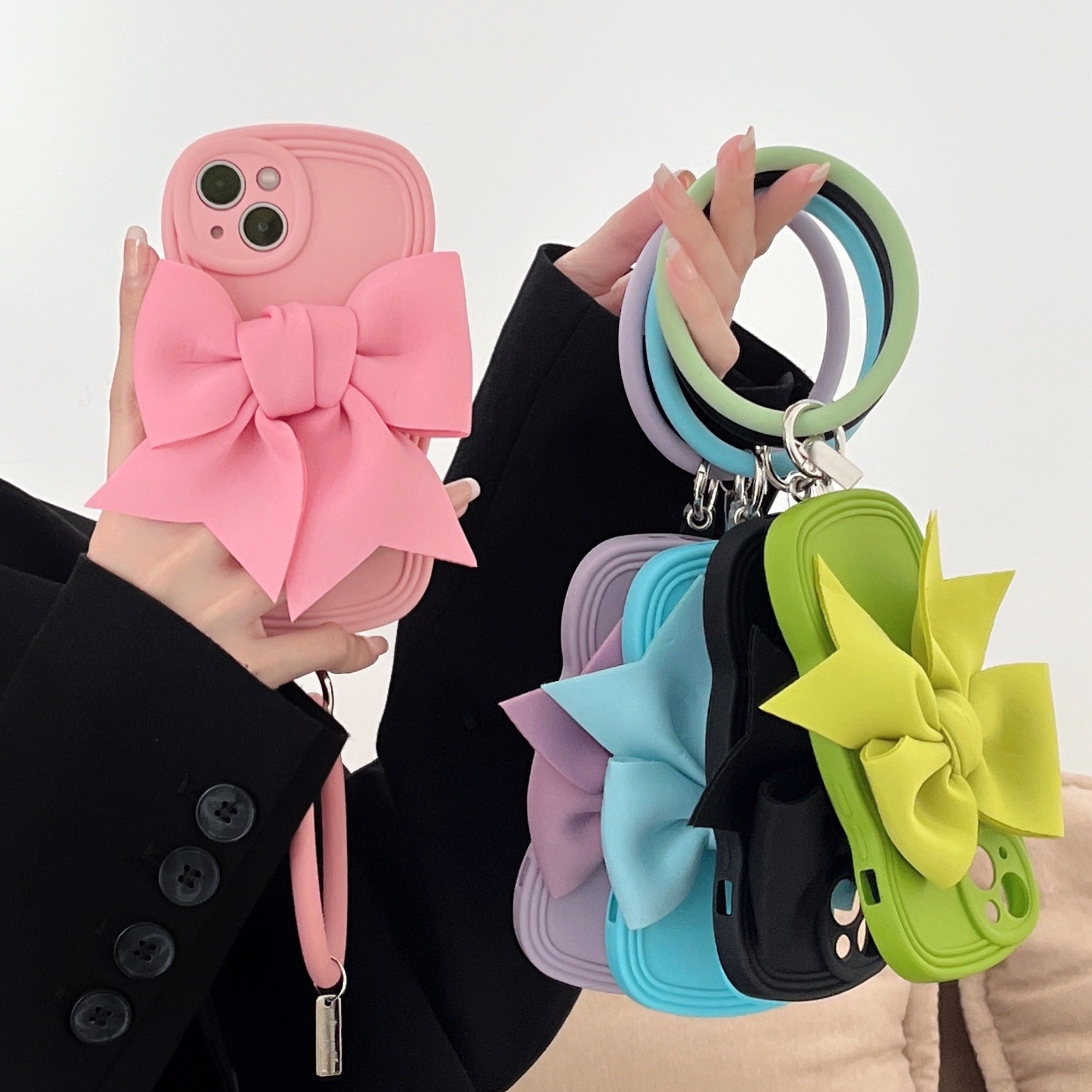 New Custom Colorful Bowknot Decor Phone Case Charms Circle Ring Bracelet Back Cover For iPhone 15 14 13 12 11