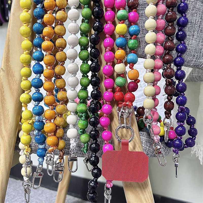 Universal Colorful 14mm Color Wooden Beads Mobile Phone Strap Chain Hot Anti slip long Cell Phone Lanyard Crossbody Necklace
