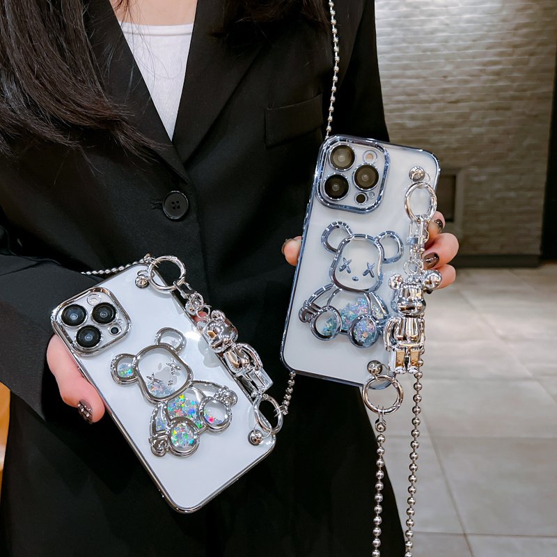 The fashion brand electroplated Quicksand Bear fashion mobile phone case for iPhone16 15promax anti-fall 14pro long rope 13 12