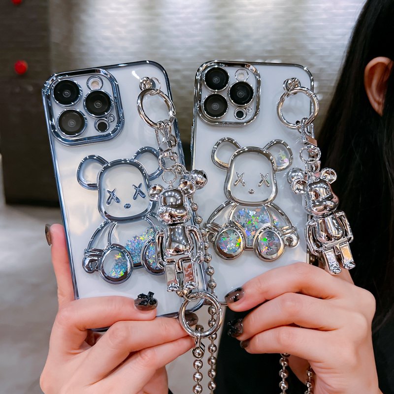 The fashion brand electroplated Quicksand Bear fashion mobile phone case for iPhone16 15promax anti-fall 14pro long rope 13 12