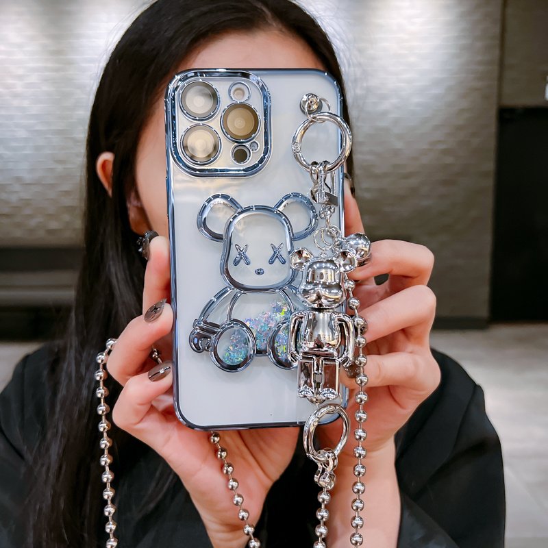 The fashion brand electroplated Quicksand Bear fashion mobile phone case for iPhone16 15promax anti-fall 14pro long rope 13 12