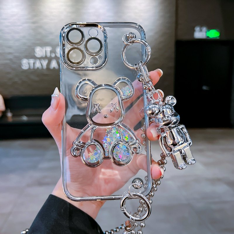 The fashion brand electroplated Quicksand Bear fashion mobile phone case for iPhone16 15promax anti-fall 14pro long rope 13 12