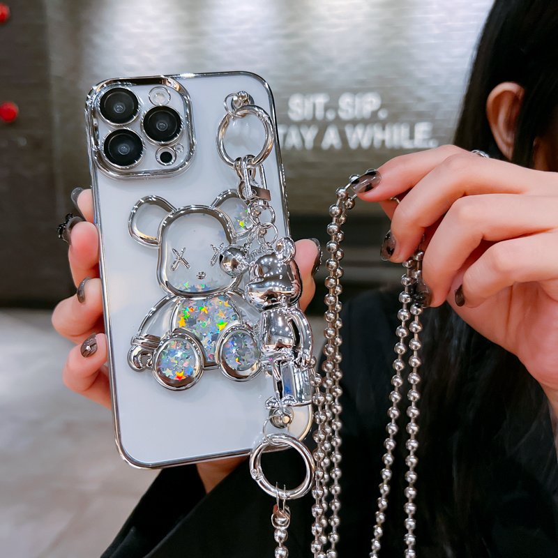 The fashion brand electroplated Quicksand Bear fashion mobile phone case for iPhone16 15promax anti-fall 14pro long rope 13 12