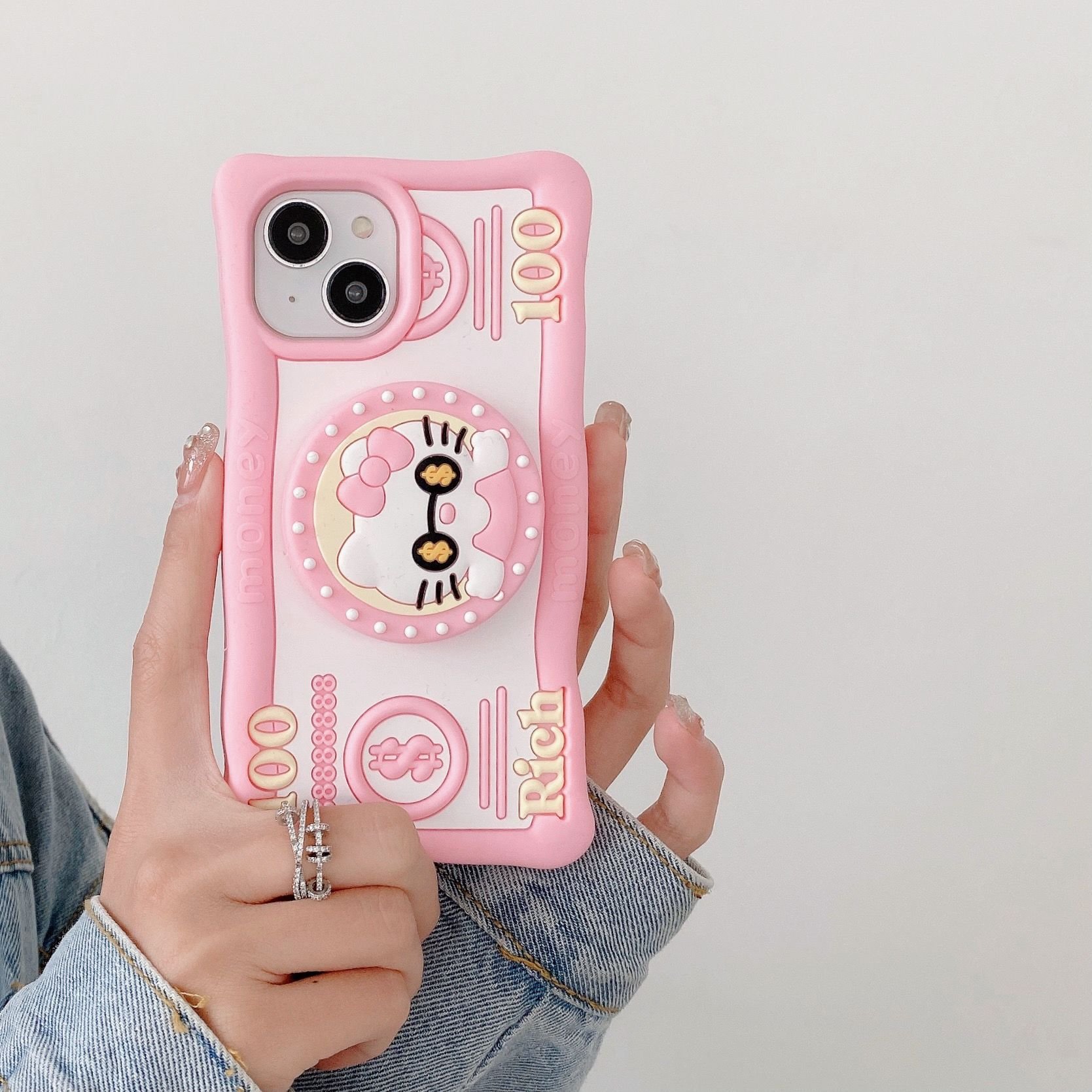 Cute Kitty Stand Silicone Mobile Phone Case For iPhone 16 15 14 13 12 11 Pro max Ring money holder Cartoon Shockproof Back Cover