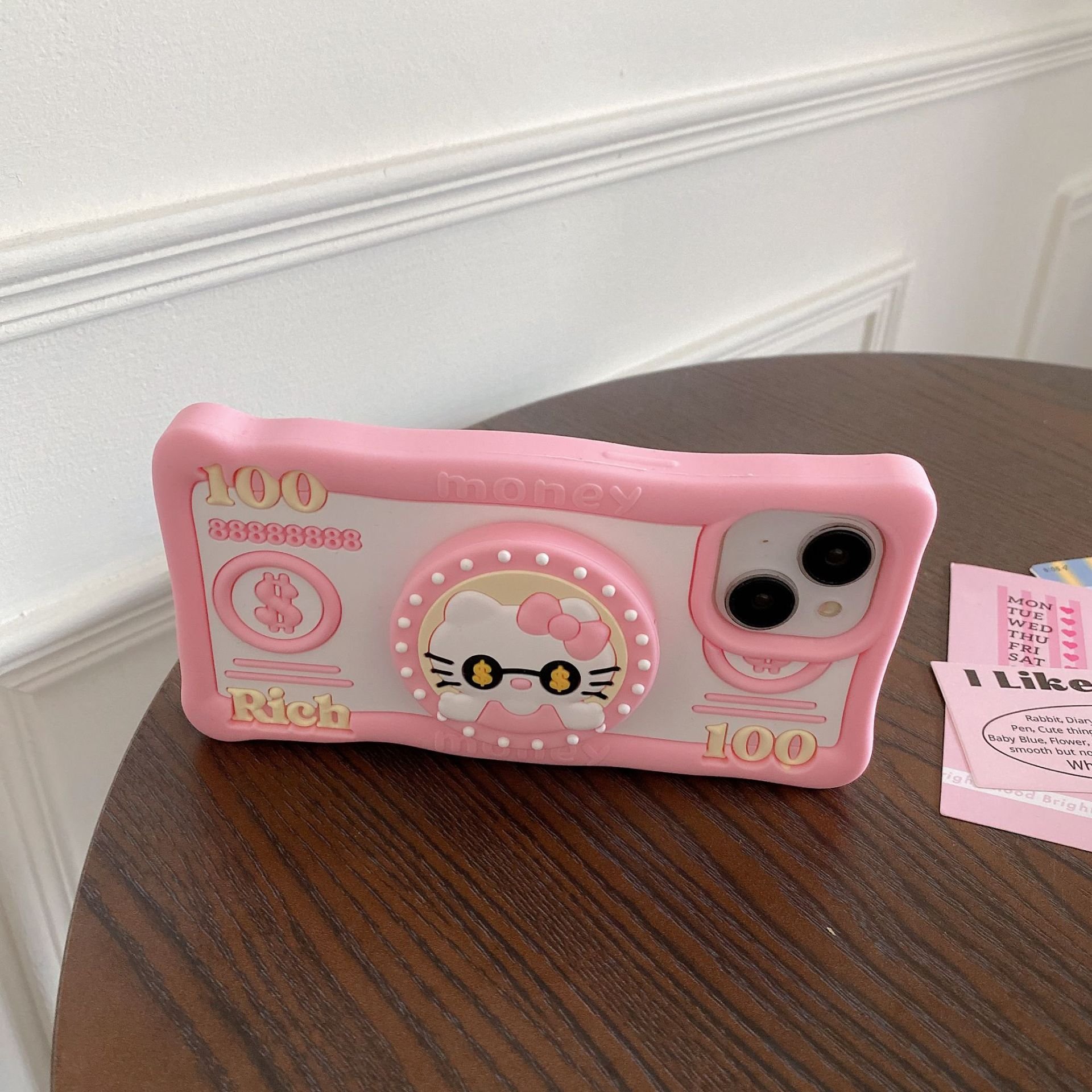 Cute Kitty Stand Silicone Mobile Phone Case For iPhone 16 15 14 13 12 11 Pro max Ring money holder Cartoon Shockproof Back Cover