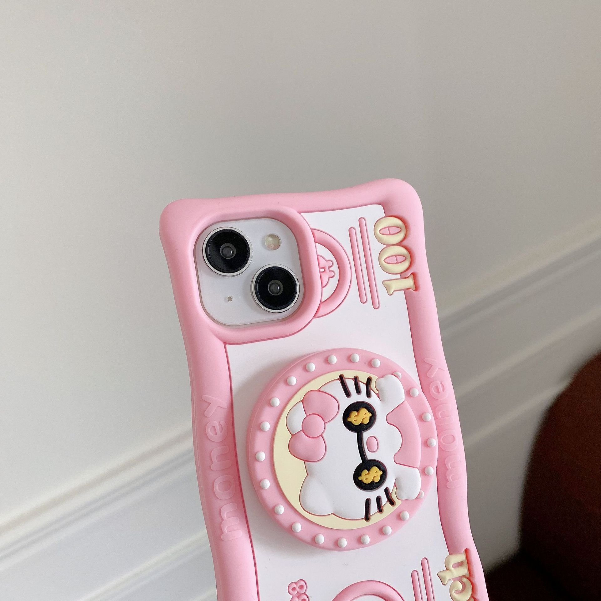 Cute Kitty Stand Silicone Mobile Phone Case For iPhone 16 15 14 13 12 11 Pro max Ring money holder Cartoon Shockproof Back Cover