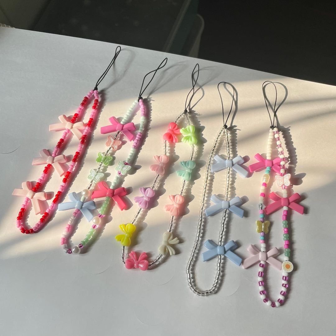 Wholesale Supplier Lanyards Accessories Crossbody Long Flower Pearl Colourful Bow Acrylic Star Cell Strap Cute Phone Charm Pink