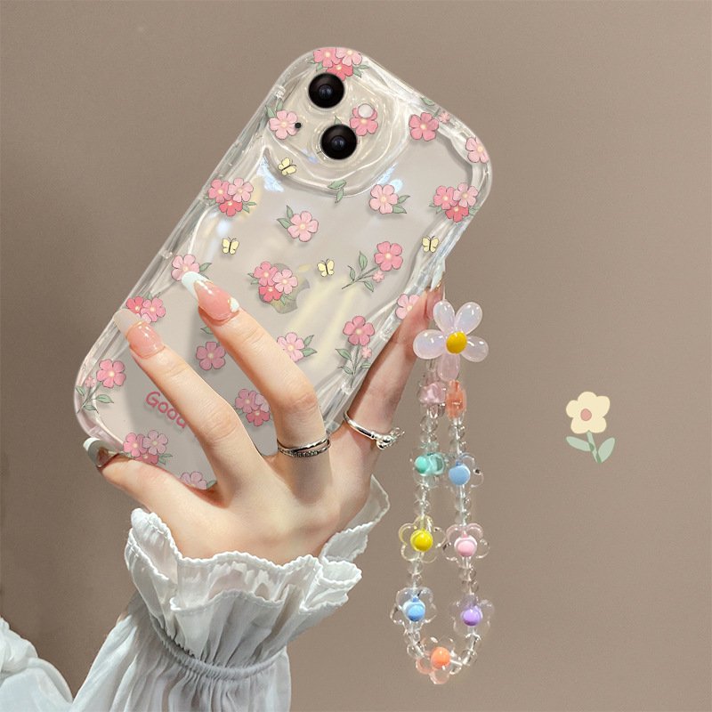 Wave Edge Style Transparent Flower Wrist Strap TPU Mobile Phone Cover Case For Iphone 6 7 8 Plus X Xr XS 11 12 13 14 15 Pro Max