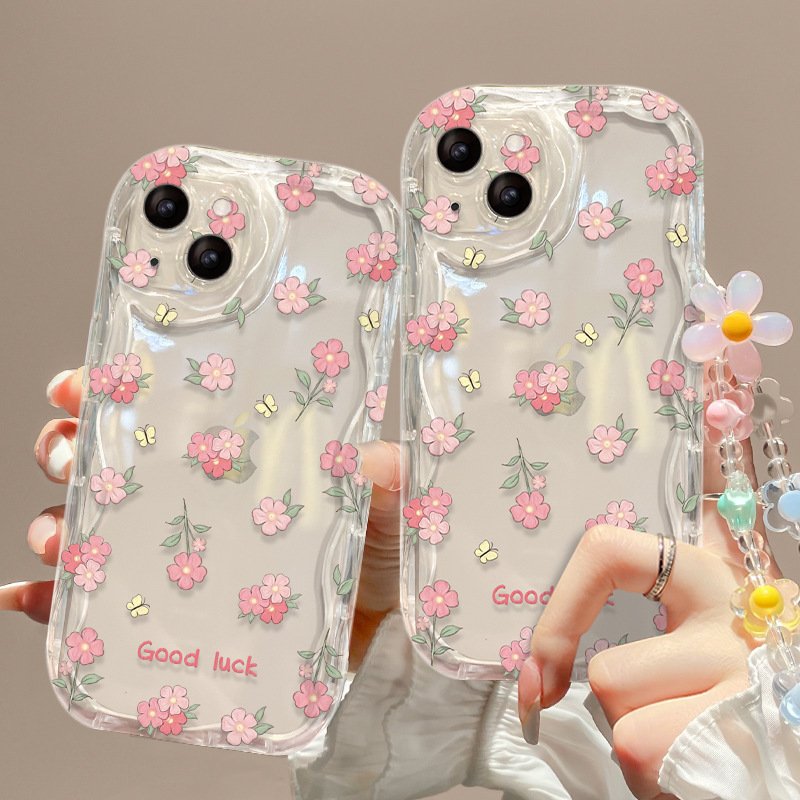 Wave Edge Style Transparent Flower Wrist Strap TPU Mobile Phone Cover Case For Iphone 6 7 8 Plus X Xr XS 11 12 13 14 15 Pro Max