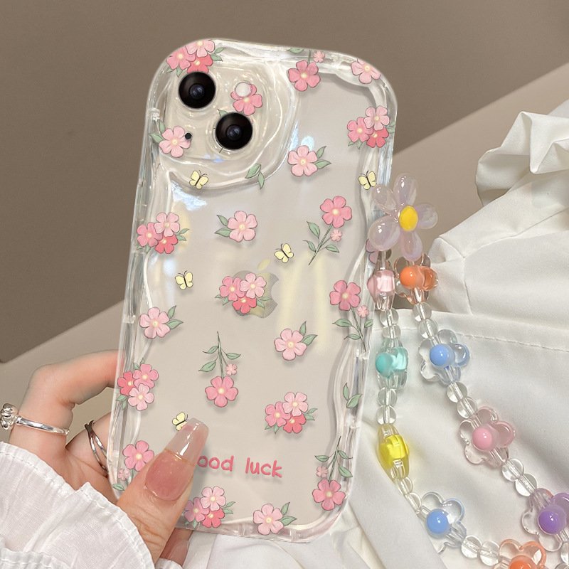 Wave Edge Style Transparent Flower Wrist Strap TPU Mobile Phone Cover Case For Iphone 6 7 8 Plus X Xr XS 11 12 13 14 15 Pro Max