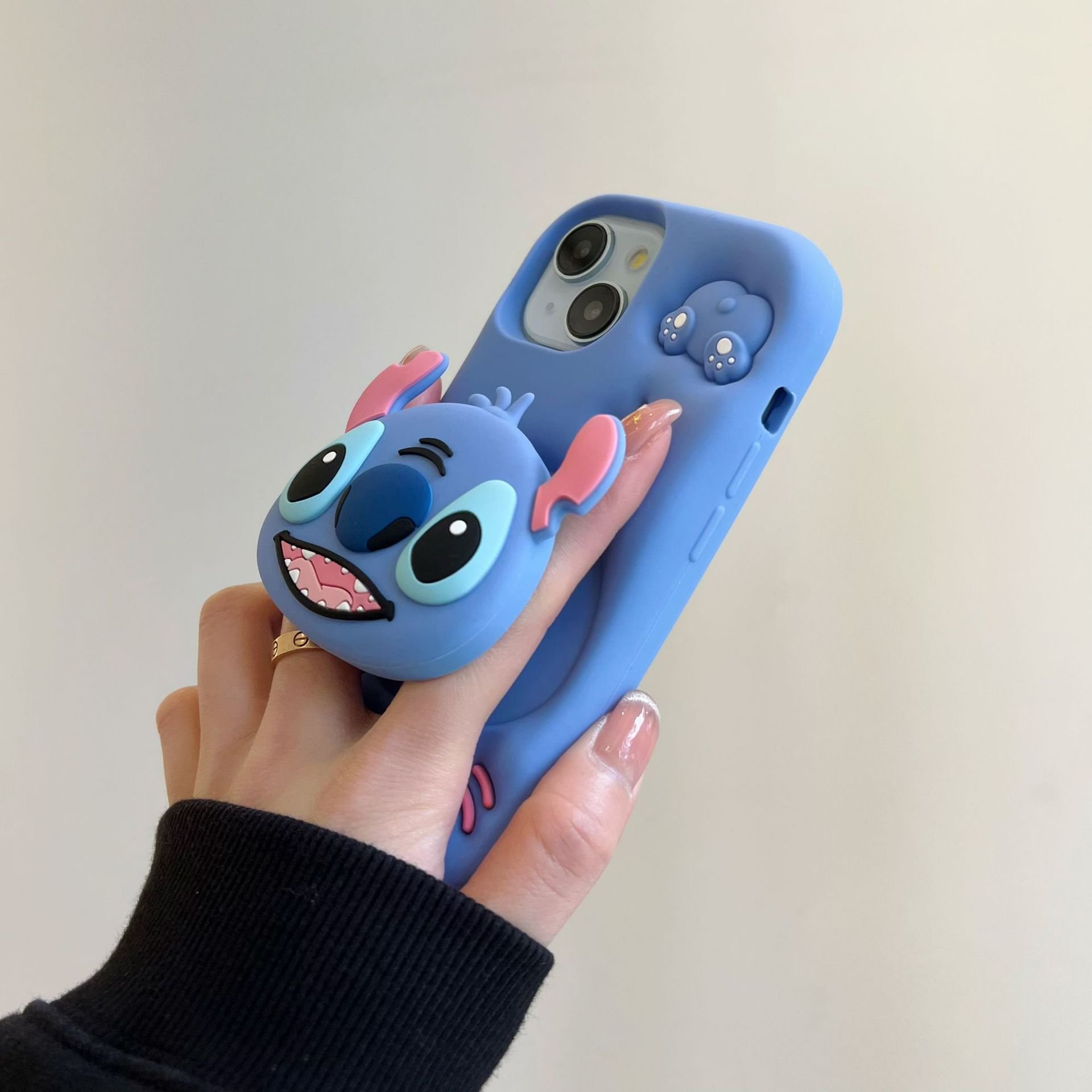 3D Cute Stitch Stand Silicone Mobile Phone Case For iPhone 15 14 13 12 11 Pro max Ring New Cartoon Custom Shockproof Back Cover
