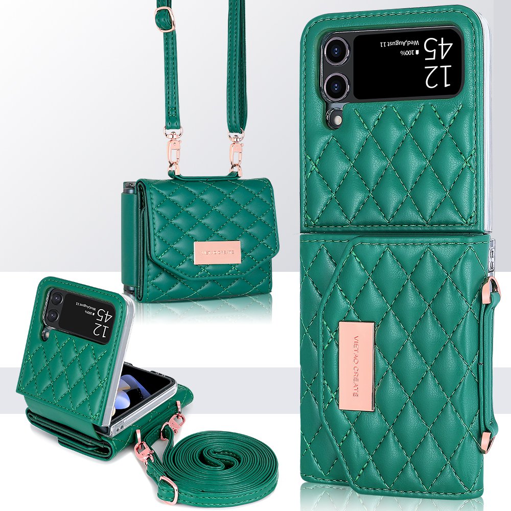 VIETAO Foldable Screen Mobile Phone Case With Shoulder Strap For Samsung galaxy z flip 4 3, Leather Mobile Case With Card Purse