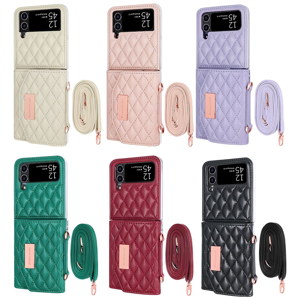 VIETAO Foldable Screen Mobile Phone Case With Shoulder Strap For Samsung galaxy z flip 4 3, Leather Mobile Case With Card Purse