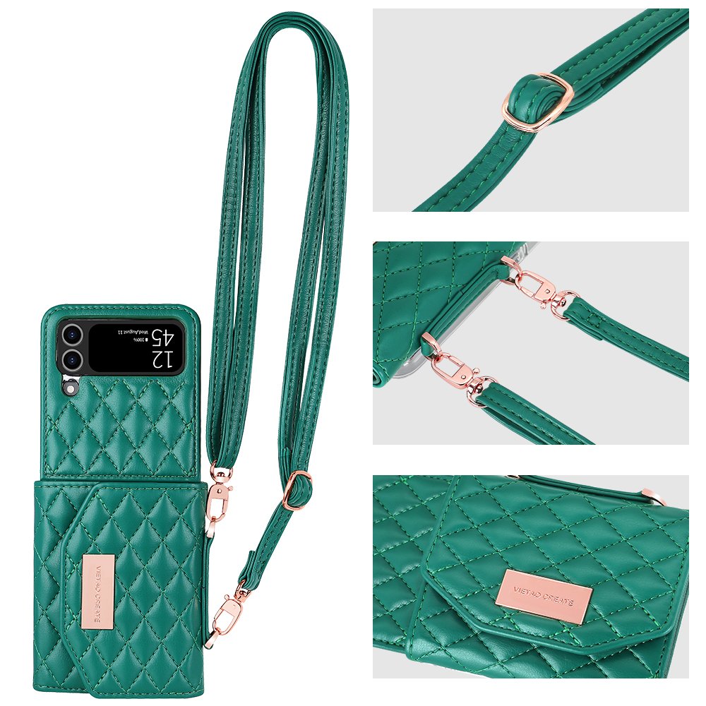 VIETAO Foldable Screen Mobile Phone Case With Shoulder Strap For Samsung galaxy z flip 4 3, Leather Mobile Case With Card Purse