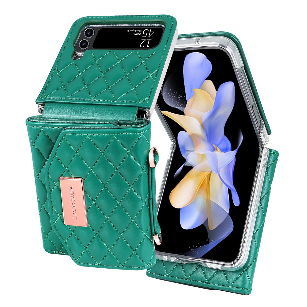 VIETAO Foldable Screen Mobile Phone Case With Shoulder Strap For Samsung galaxy z flip 4 3, Leather Mobile Case With Card Purse