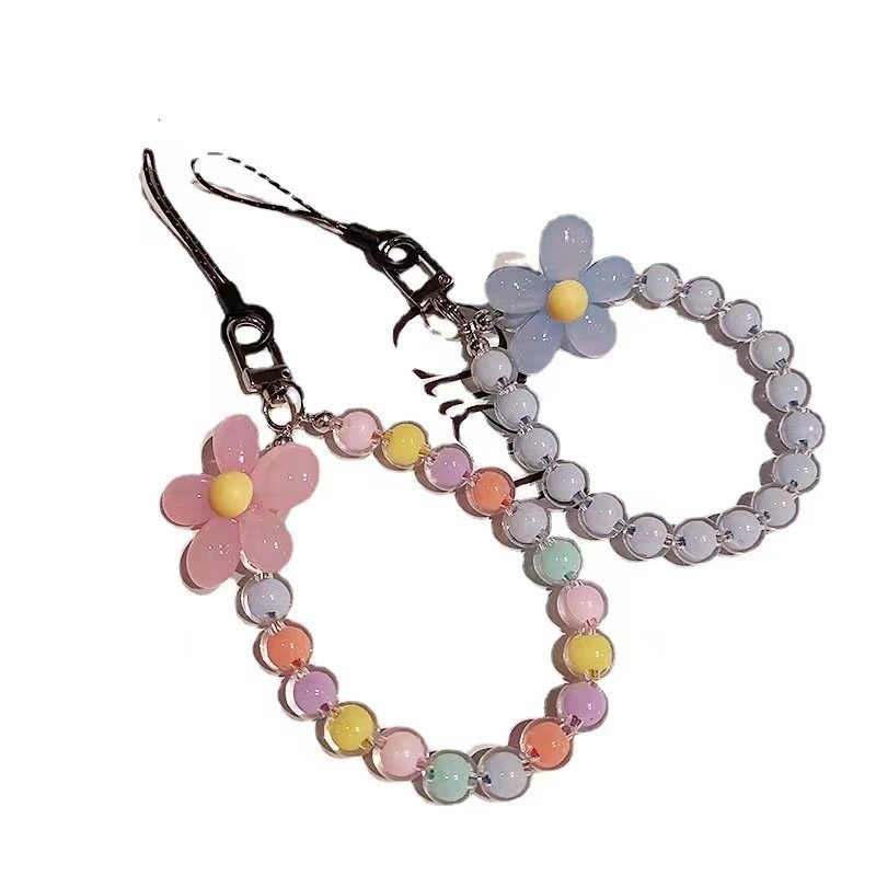 Macaron color beads petals mobile phone lanyard Korean ins style handmade beaded flowers mobile phone charm wrist strap