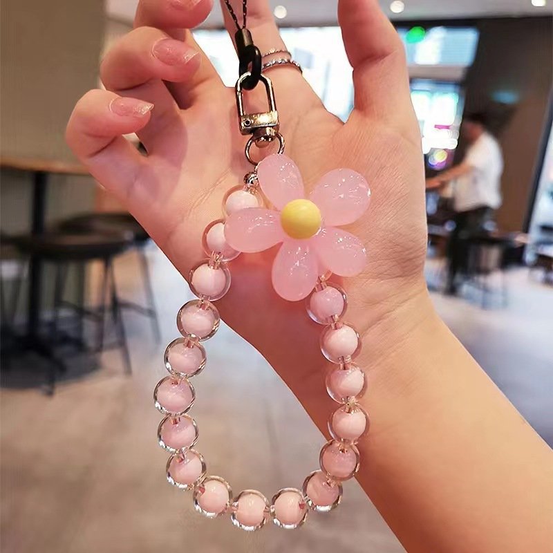 Macaron color beads petals mobile phone lanyard Korean ins style handmade beaded flowers mobile phone charm wrist strap