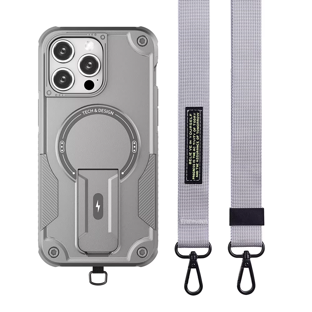 Luxury Hybrid Mobile Phone Case with Invisible Kickstand Armour Back Cover With Crossbody Phone Strap for IPhones 14 15 pro max