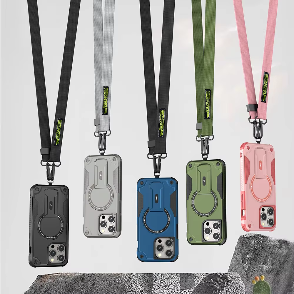 Luxury Hybrid Mobile Phone Case with Invisible Kickstand Armour Back Cover With Crossbody Phone Strap for IPhones 14 15 pro max