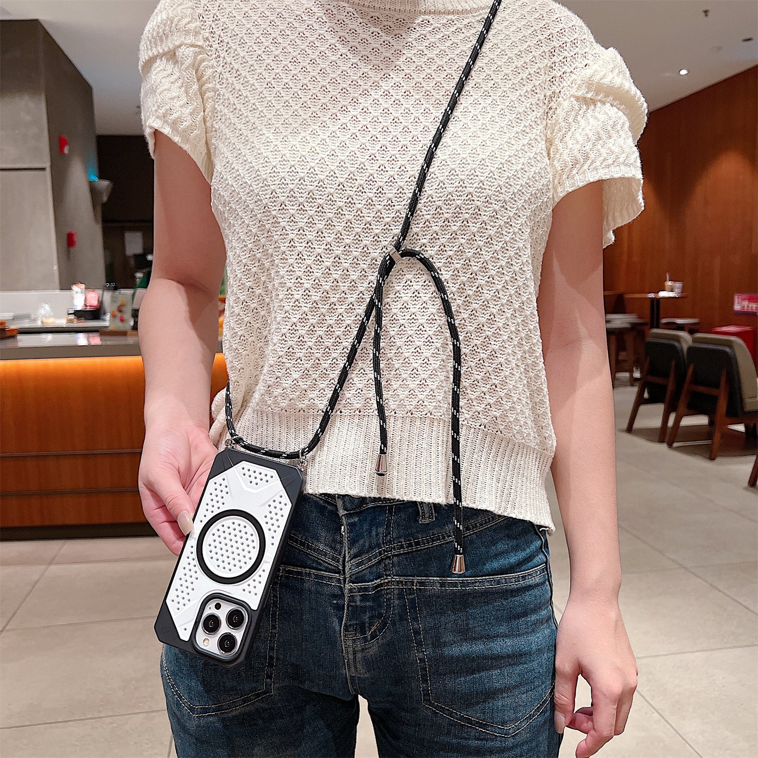 for iPhone 16 15 Pro Max Cellular Hole Heat Dissipation Phone Case with Magnetic Ring Wireless Charging & hanging rope lanyard