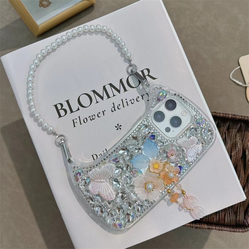 Handbag Diamond ladies cover For iPhone 15 Pro Max Bling Flower Rhinestones Case With Pearl Straps For i Phone 16 Pro 14 12
