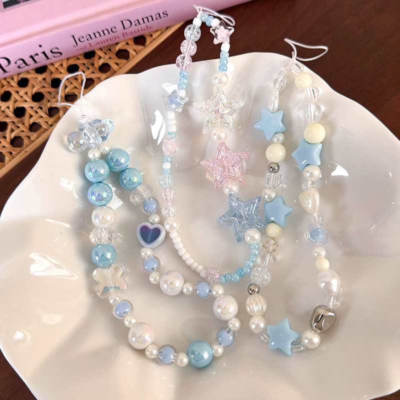 Ins Style Cute Blue Star Mobile Phone Lanyard Beaded Pendant Anti Lost Phone Chain Strap For Ccd Camera Key Ring Accessories