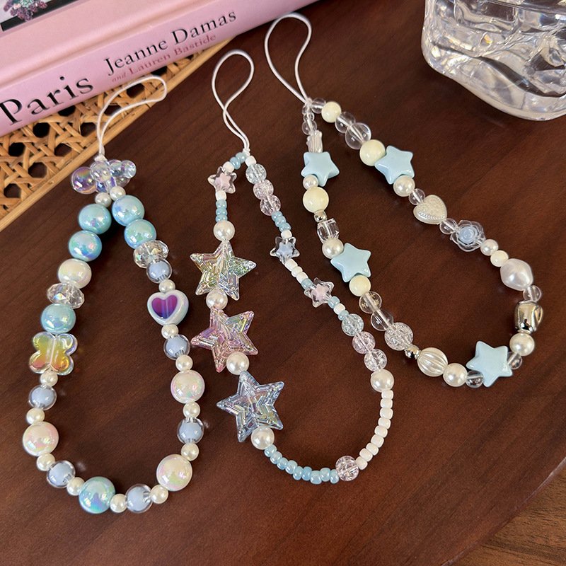 Ins Style Cute Blue Star Mobile Phone Lanyard Beaded Pendant Anti Lost Phone Chain Strap For Ccd Camera Key Ring Accessories