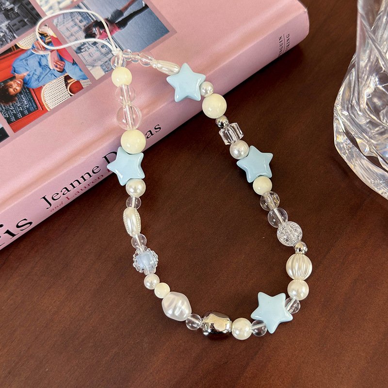 Ins Style Cute Blue Star Mobile Phone Lanyard Beaded Pendant Anti Lost Phone Chain Strap For Ccd Camera Key Ring Accessories