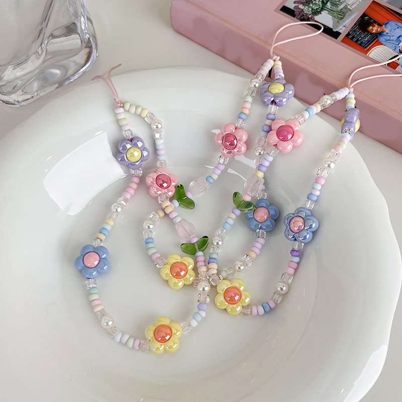 DAIHE 2024 Fashion Handmade Flower Beaded Mobile Phone Chains Universal Phone Strap Chain