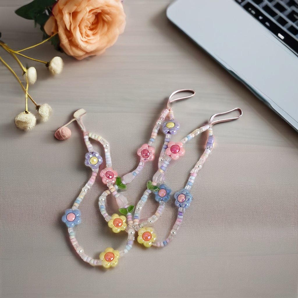 DAIHE 2024 Fashion Handmade Flower Beaded Mobile Phone Chains Universal Phone Strap Chain