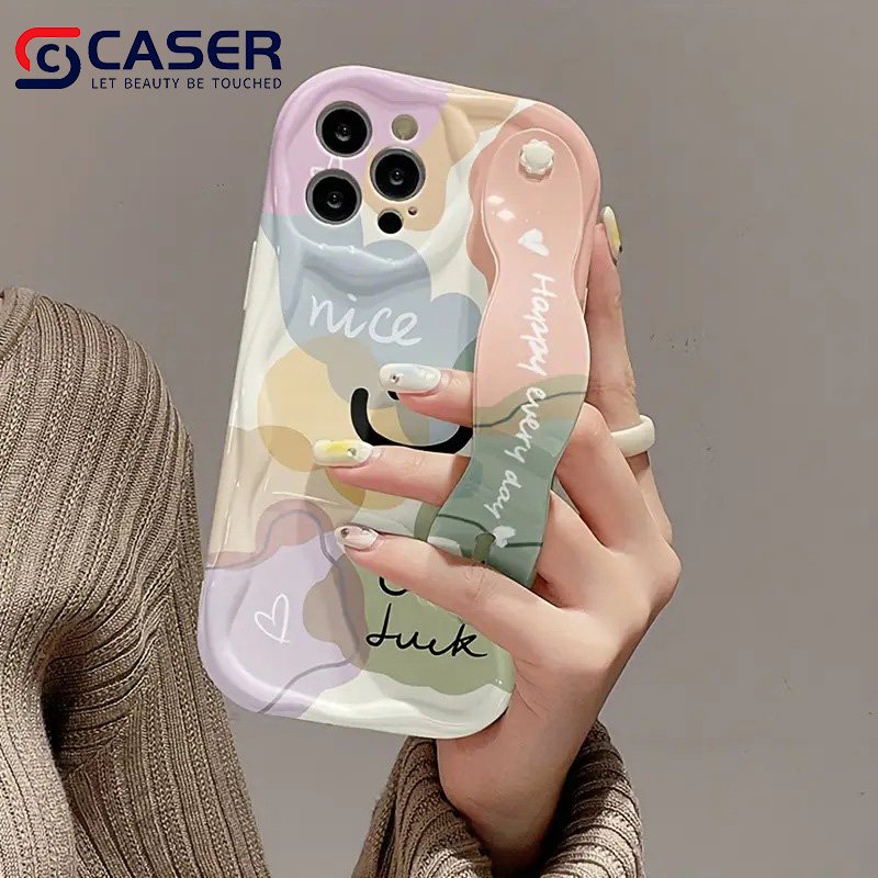 TPU Holder Wrist Strap Smile Face Mobile Phone Shell Trendy Design Wave Bumper Phone Case For Iphone 16 15 Pro Max 14 13