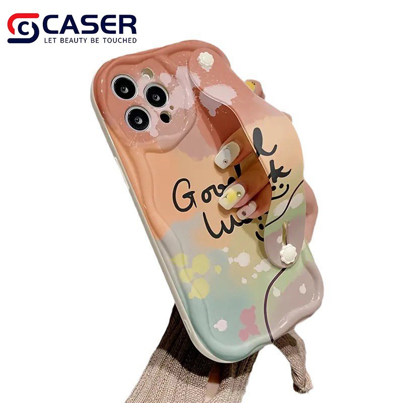 TPU Holder Wrist Strap Smile Face Mobile Phone Shell Trendy Design Wave Bumper Phone Case For Iphone 16 15 Pro Max 14 13