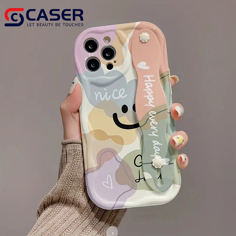 TPU Holder Wrist Strap Smile Face Mobile Phone Shell Trendy Design Wave Bumper Phone Case For Iphone 16 15 Pro Max 14 13