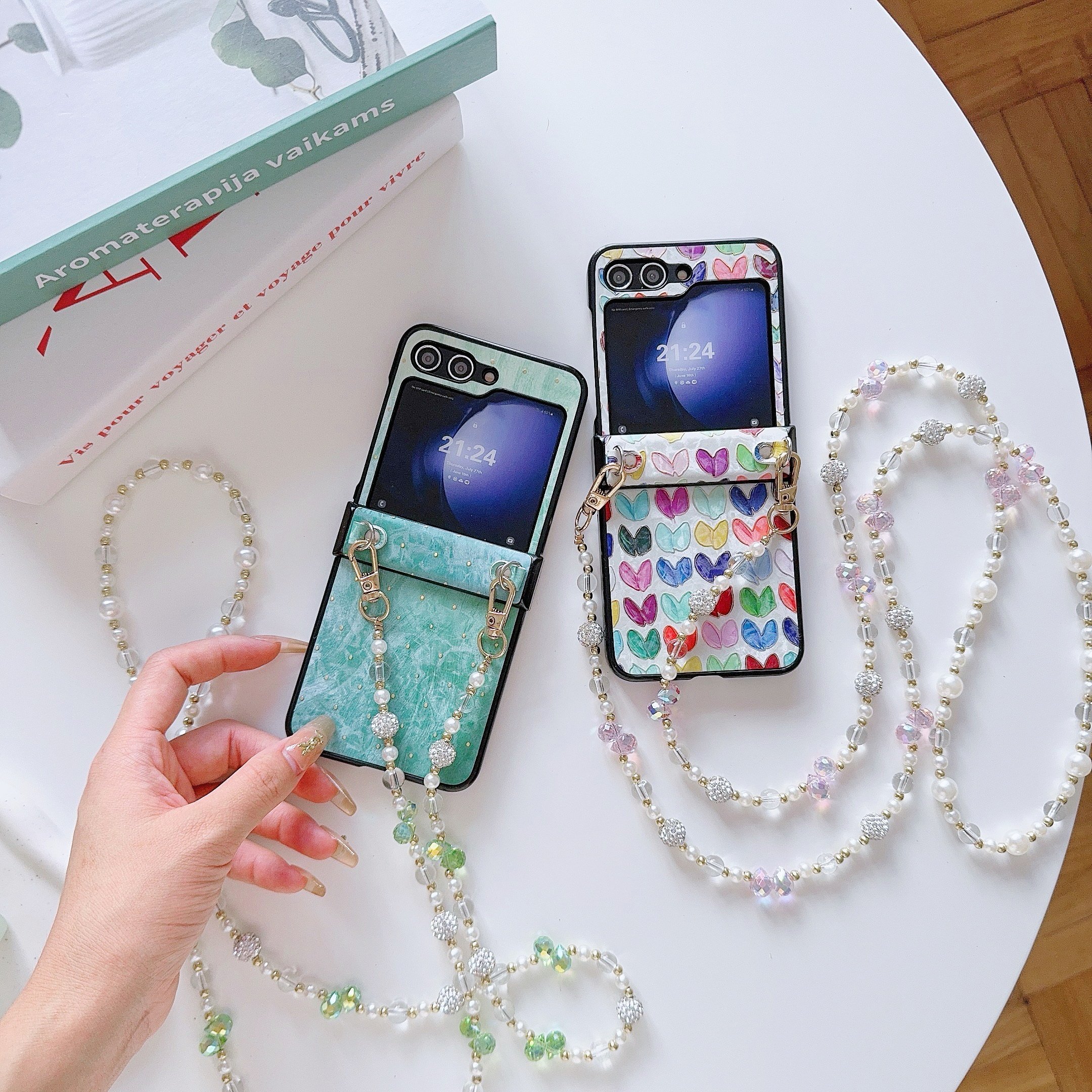 Diamond Beads Crossbody 3-Piece Folding TPU Mobile Phone Cases For Samsung ZFLIP6 ZFLIP5 ZFLIP4 ZFLIP3 Waterproof & Shockproof