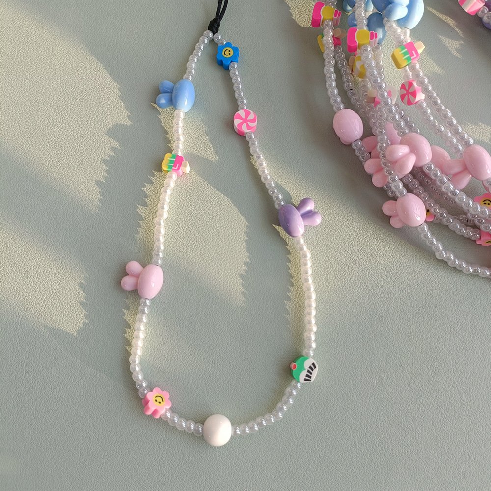 KKBEAD Bohemian cute Kawaii Rabbit head cream glass rice bead mobile phone chain short jewelry lanyard