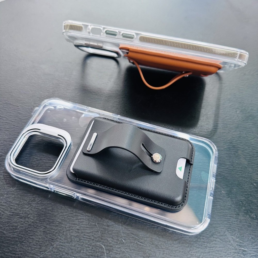 Wholesale Leather Magnetic Smart Phone Grip Wallet Stand Pocket For IPhone With 2 Magsafe Metal Ring Sticker
