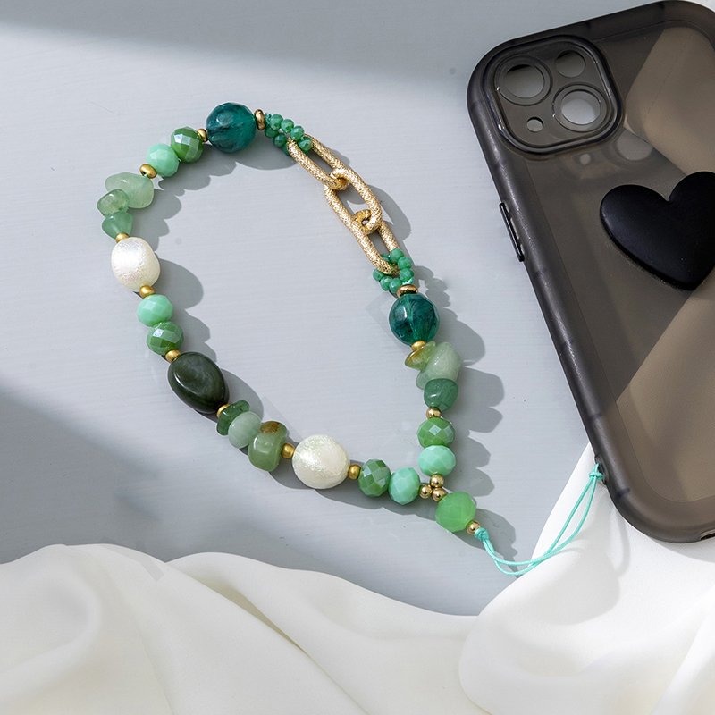 Wholesale Color Beads Mobile Phone Strap Short Women Gold Chain Mobile Phone Case Pendant Irregular Stone Beaded Phone Strap