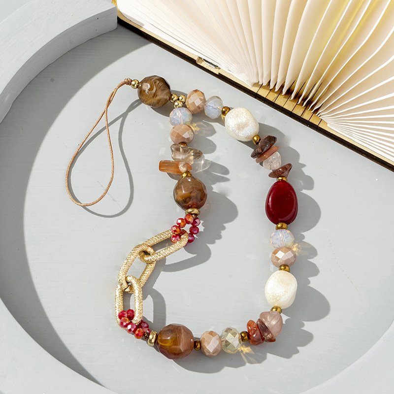 Wholesale Color Beads Mobile Phone Strap Short Women Gold Chain Mobile Phone Case Pendant Irregular Stone Beaded Phone Strap