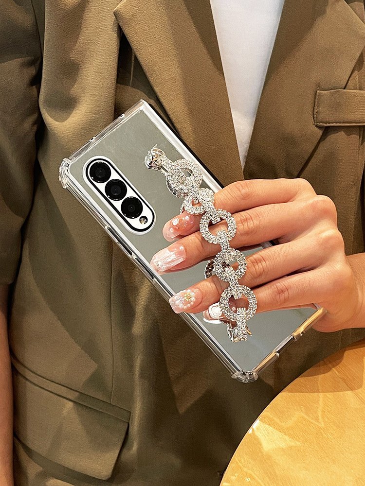 Suitable for Samsung Fold4 Mobile Phone Case Folding Screen Airbag Mirror Fold 3 Rhinestone Five-ring Chain Z Fold 4 Protection