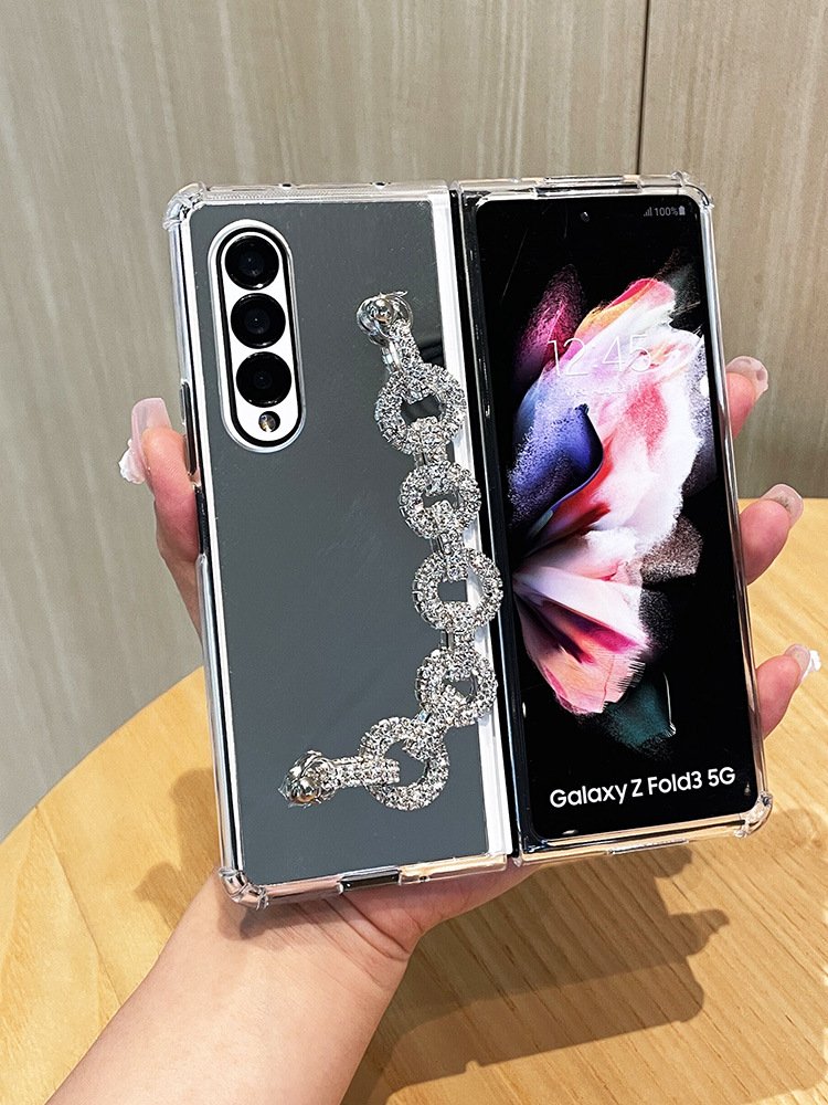 Suitable for Samsung Fold4 Mobile Phone Case Folding Screen Airbag Mirror Fold 3 Rhinestone Five-ring Chain Z Fold 4 Protection