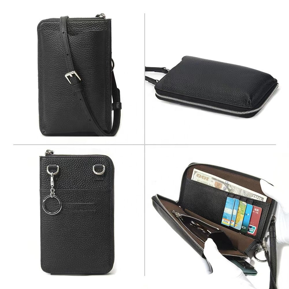 2023 Fashion cowhide leather women phone wallet shoulder strap cellphone purse case small functional shoulder mobile phone bag