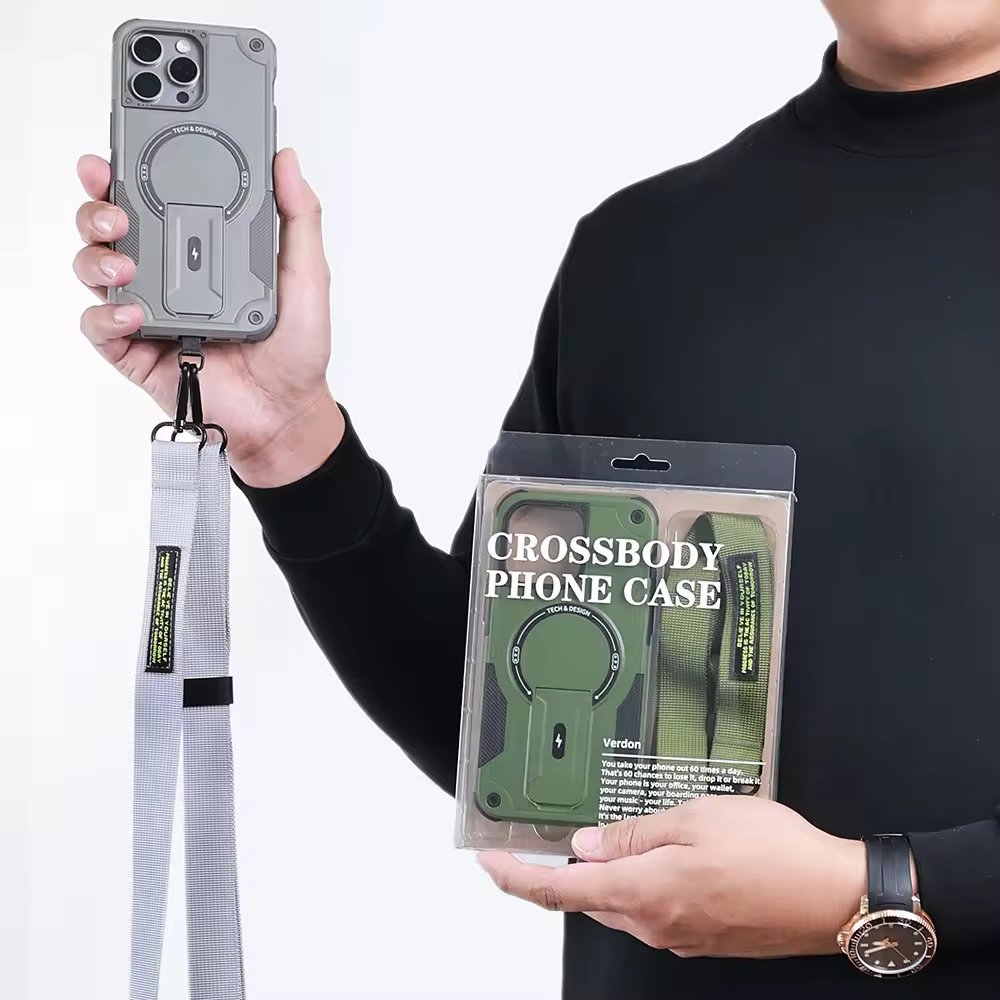 Hybrid Armour Crossbody Phone Strap Magnetic Case for iPhone 16/16 pro/16 pro max Defend Case Mobile Phones Cover with Kickstand