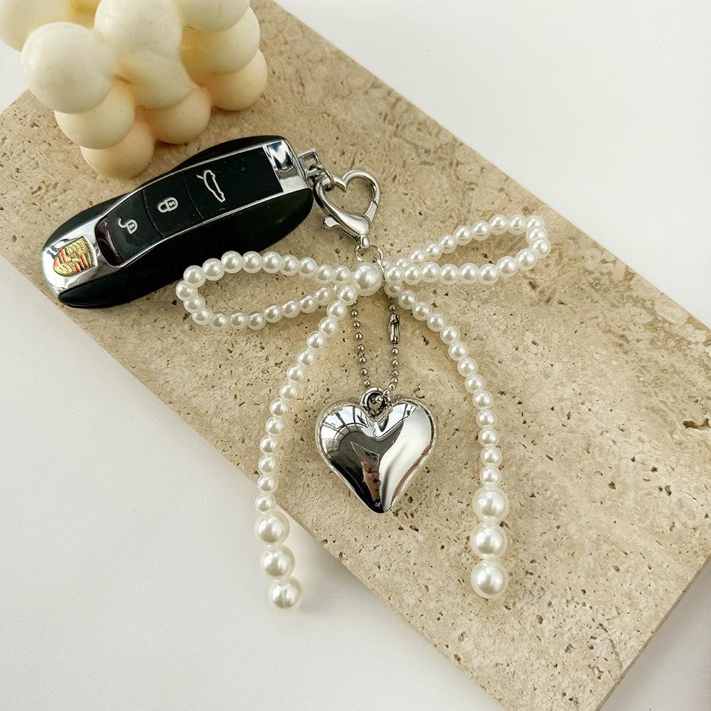 Korean Chic New Sweet Pearl Bow Silver Love Pendant Car Keychain Airpods Pendant Phone strap