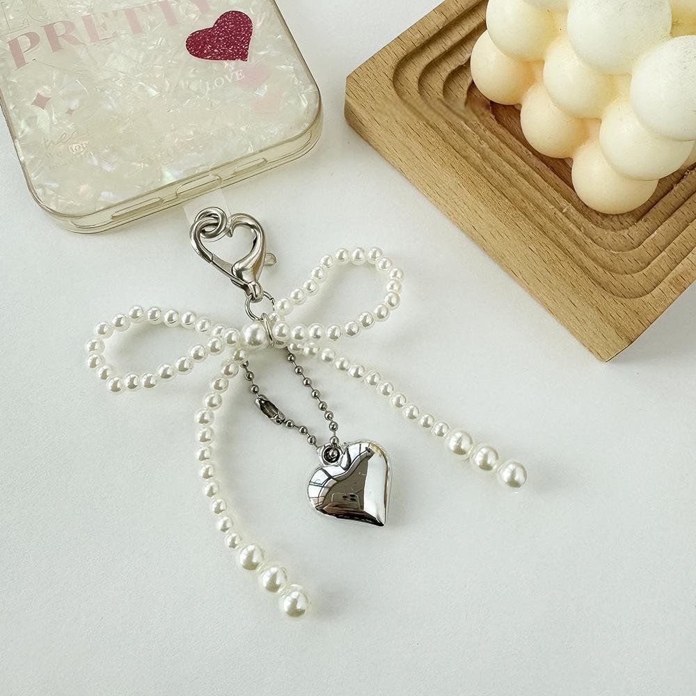 Korean Chic New Sweet Pearl Bow Silver Love Pendant Car Keychain Airpods Pendant Phone strap
