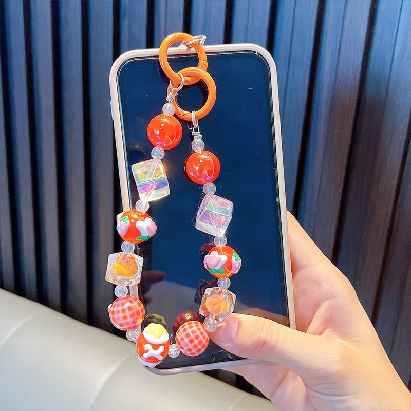 Cute cartoon beaded mobile phone chain key chain acrylic hand-painted beaded wrist strap bag headphone pendant wholesale